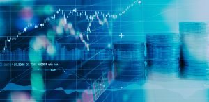Business financial concept with double exposure of candle stick graph chart.