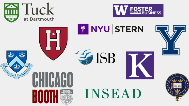 Logos of Harvard and other business schools for MBA