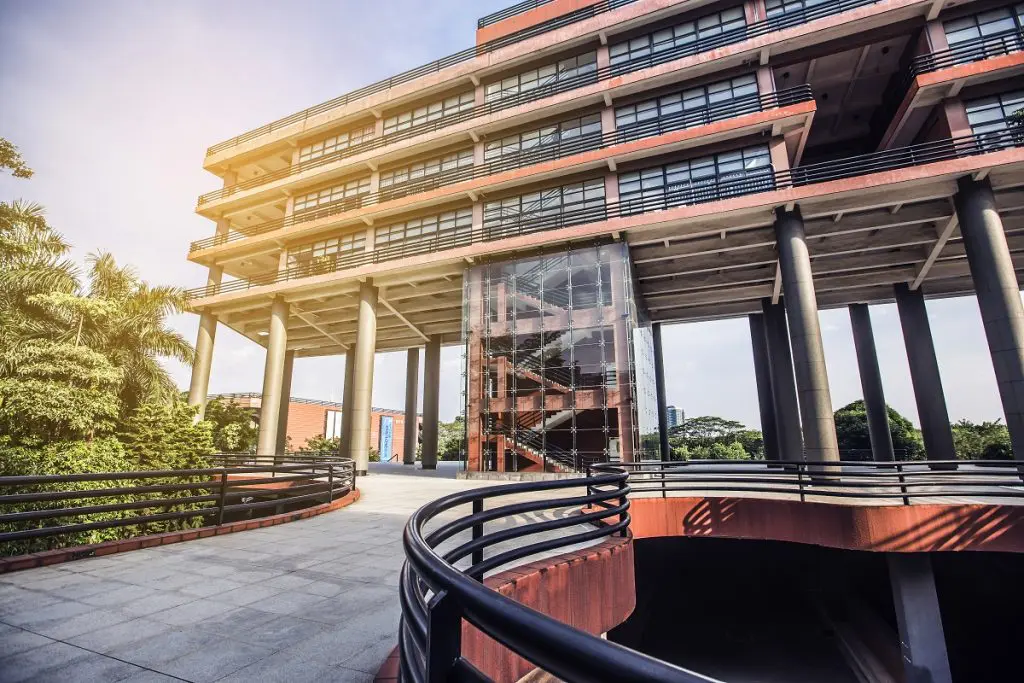 Front view of a prestigious business school campus