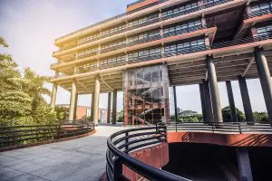 Front view of a prestigious business school campus