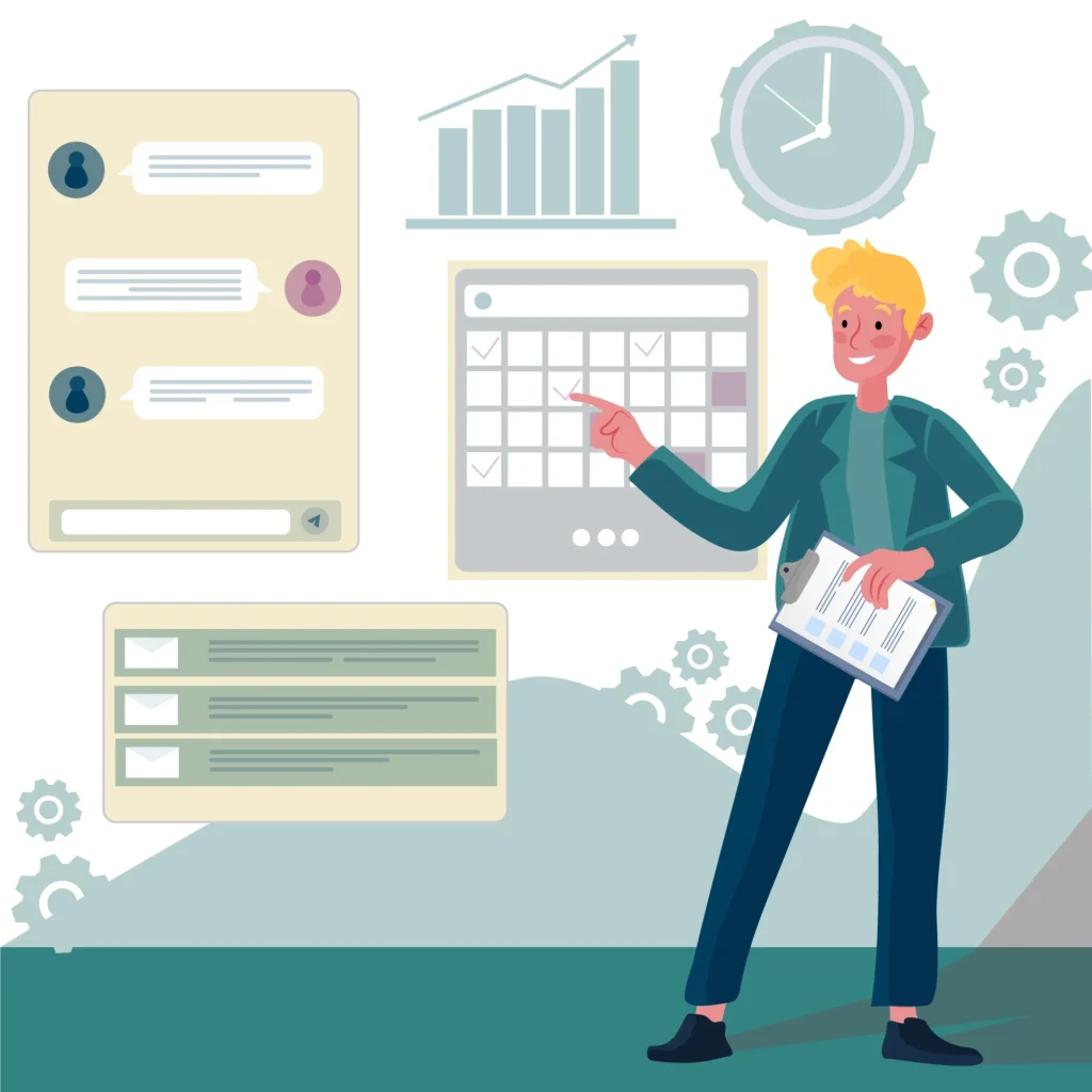 Background with MBA-related annotations, calender and timer.