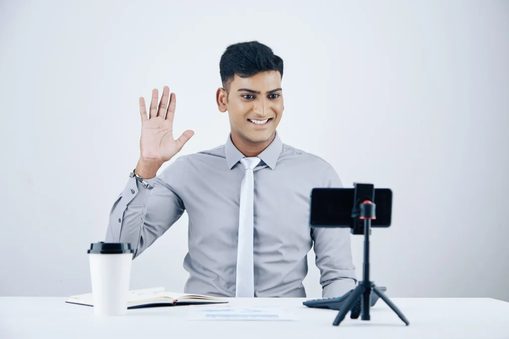 MBA candidate recording video essay.