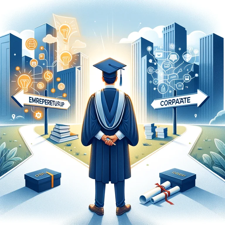 MBA graduate at a crossroads, choosing between entrepreneurship and a corporate career.