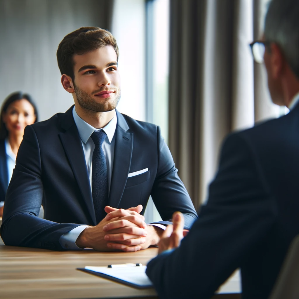 MBA applicant confidently responding in an interview.