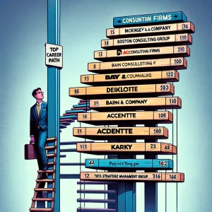 Career progression ladder illustration with each rung labeled with a top consulting firm's name, symbolizing growth opportunities in the consulting industry.