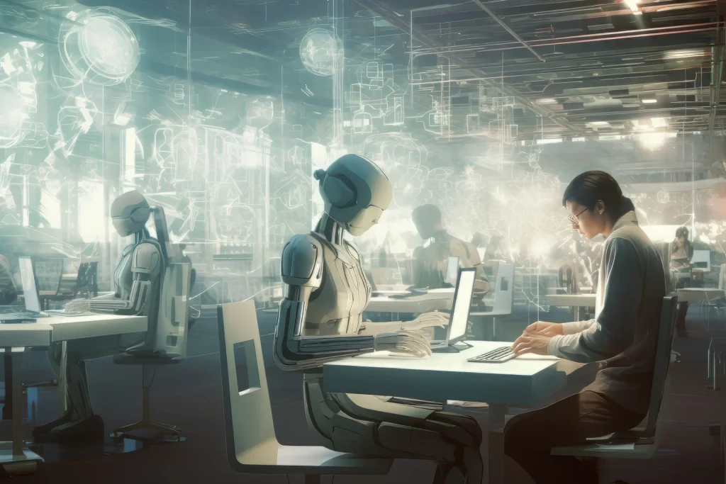A group of technology professionals in a high-tech lab