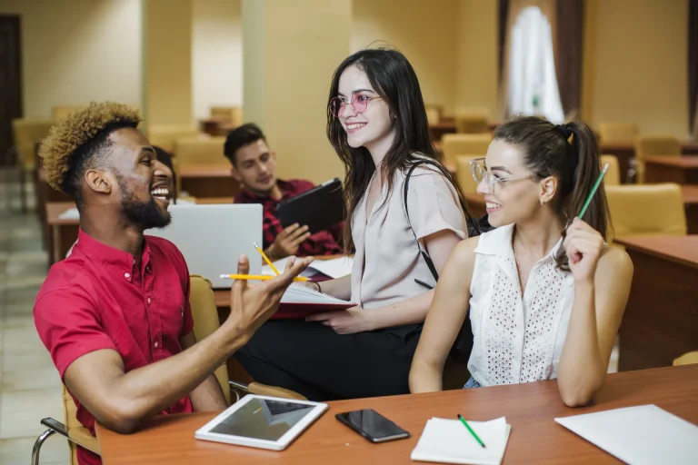 Students participating in a master's program discussion at a top university.