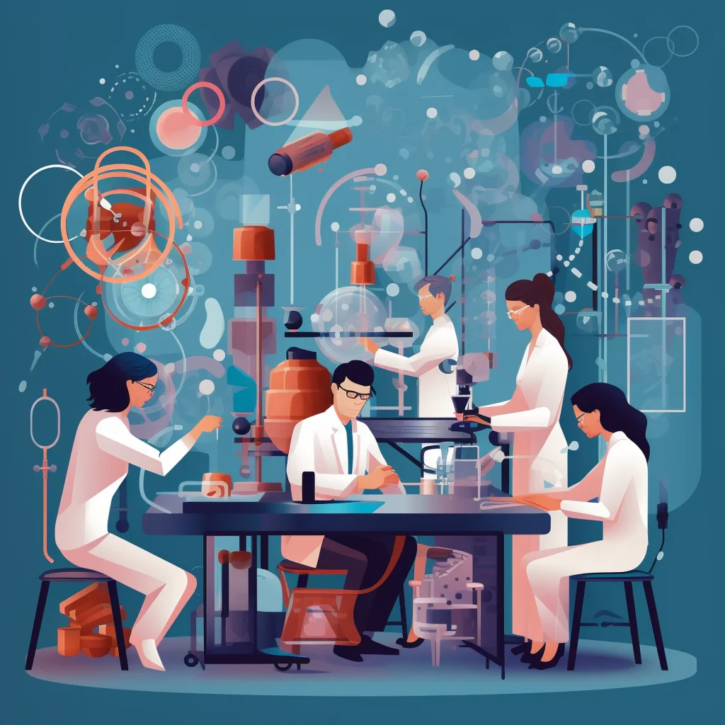 Scientists collaborating on research projects in a laboratory setting.