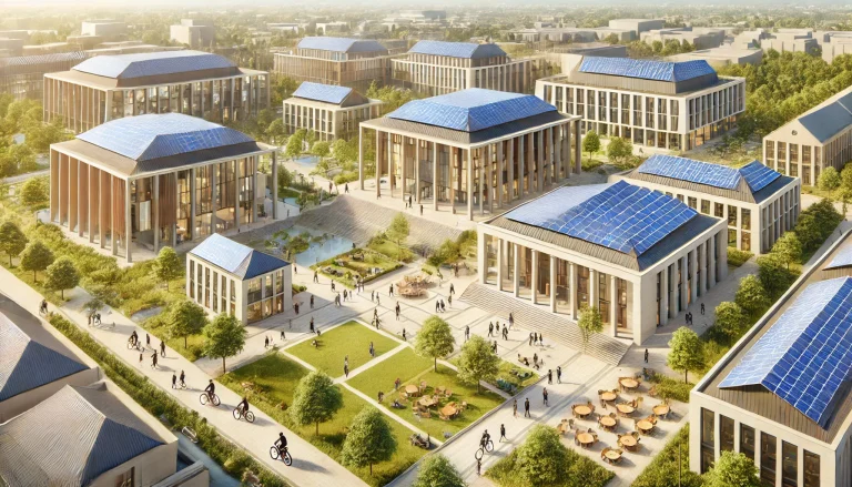 University campus with solar panels for sustainability efforts